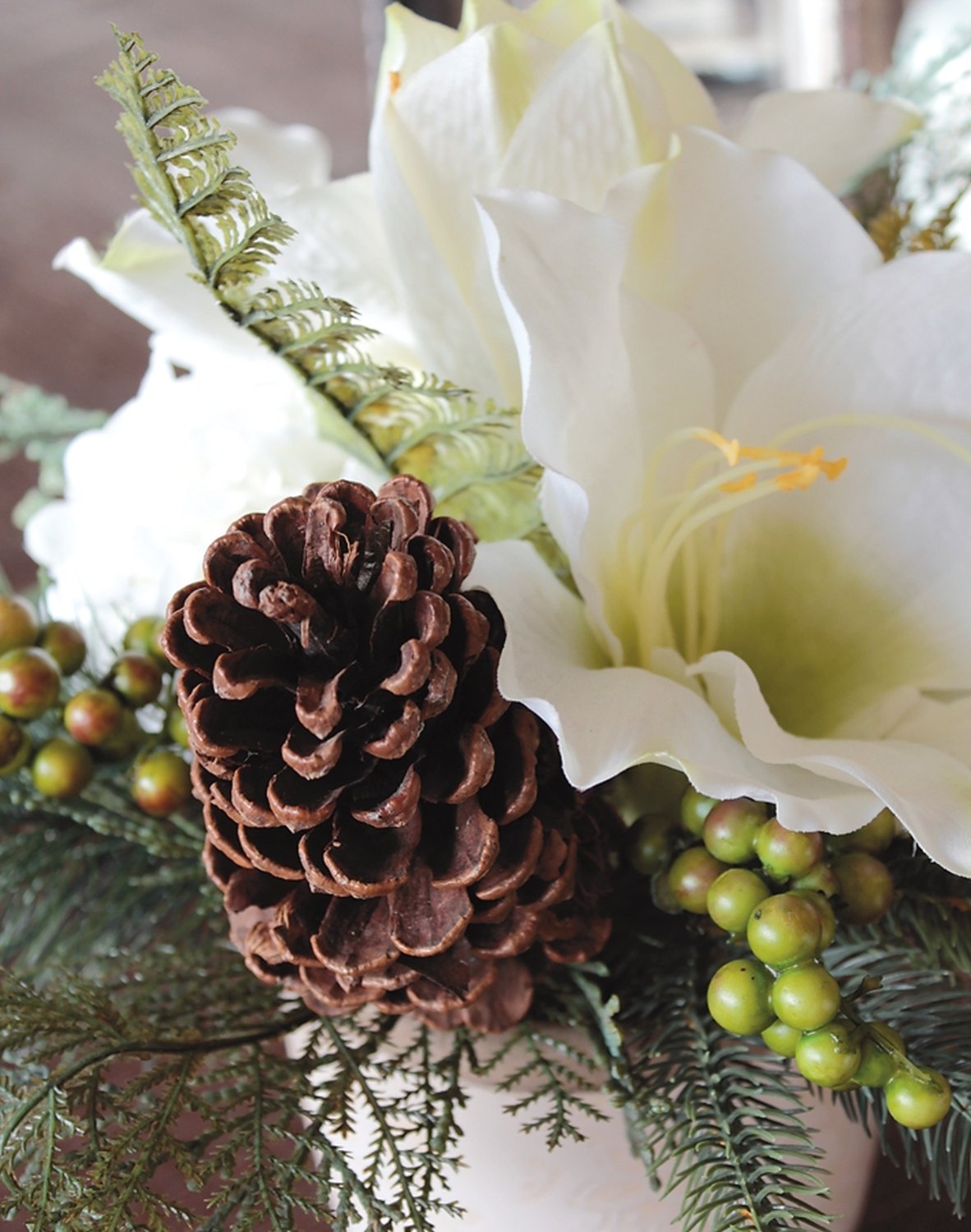 Künstliche Amaryllis-Hortensien-Arrangement im Keramiktopf, 30 cm, creme-weiß