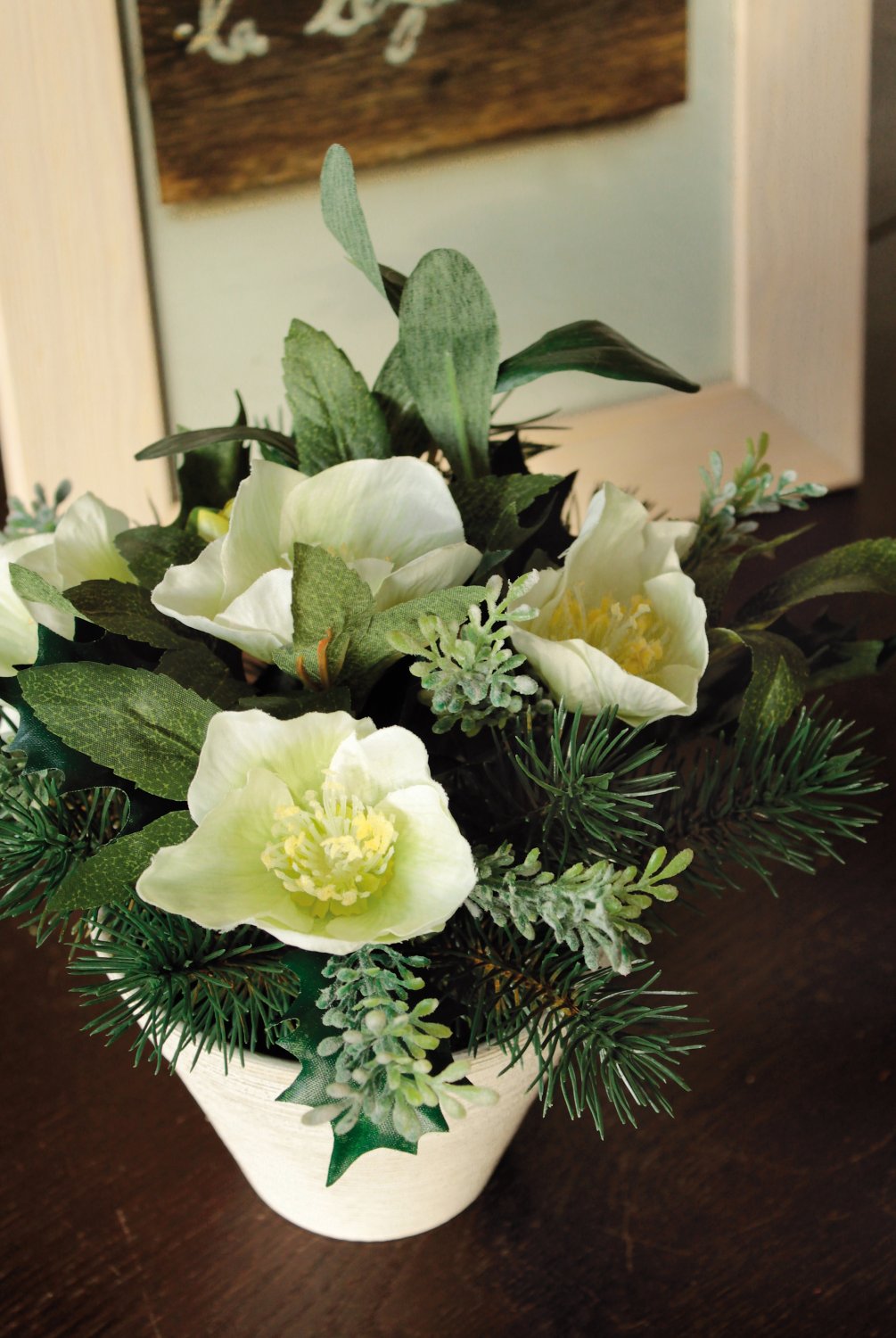 Artificial Christmas rose in pot, with fir, 20 cm, beige-white