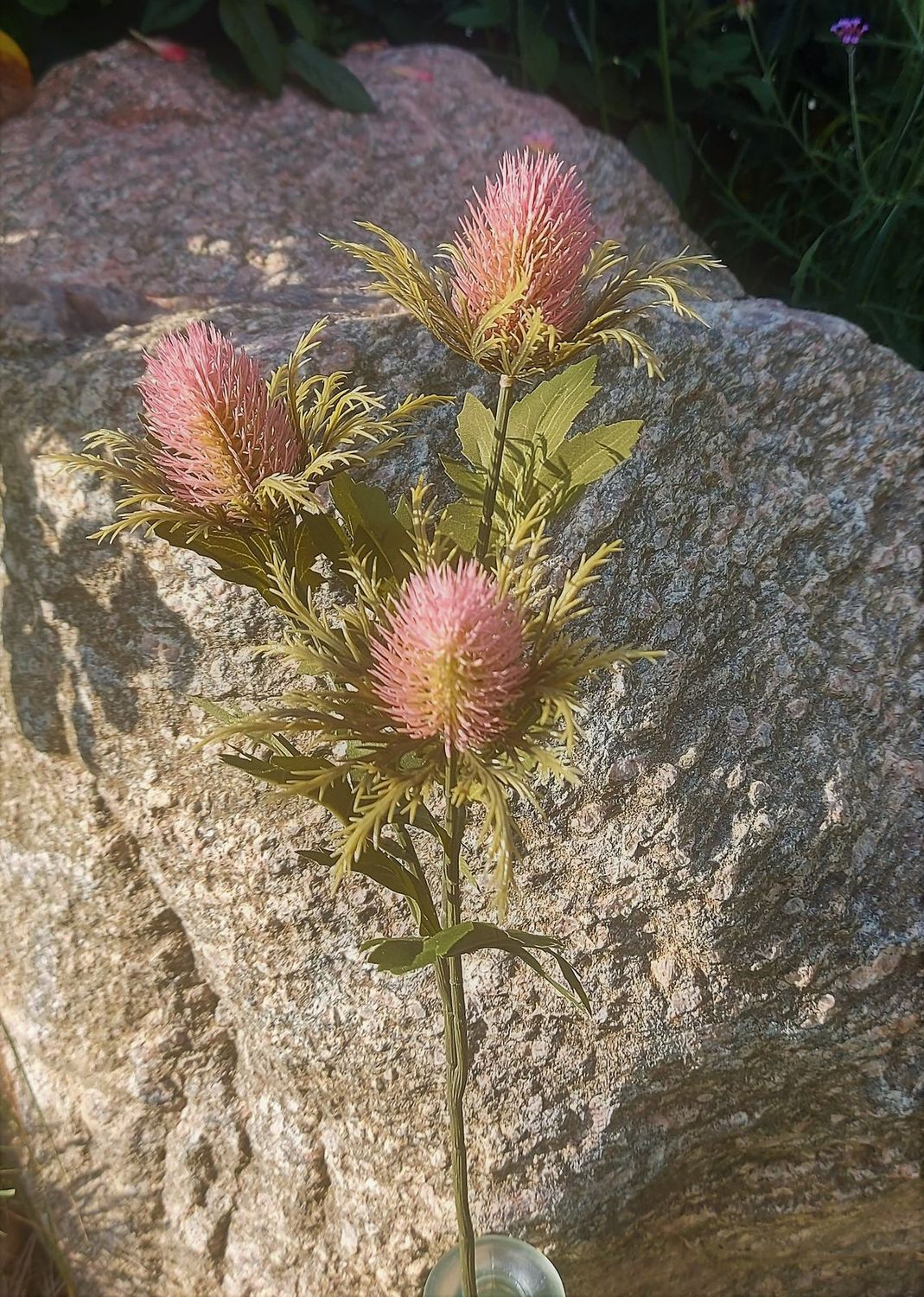 Faux thistle branch "Vintage", 3-fold, 67 cm, antique dark pink