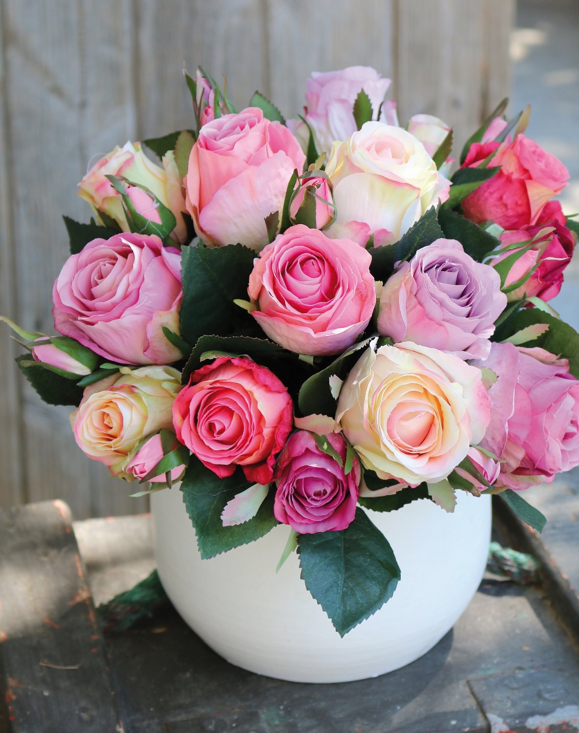 Artificial bouquet of wild roses, 24-flowers, 28 cm, pink-white