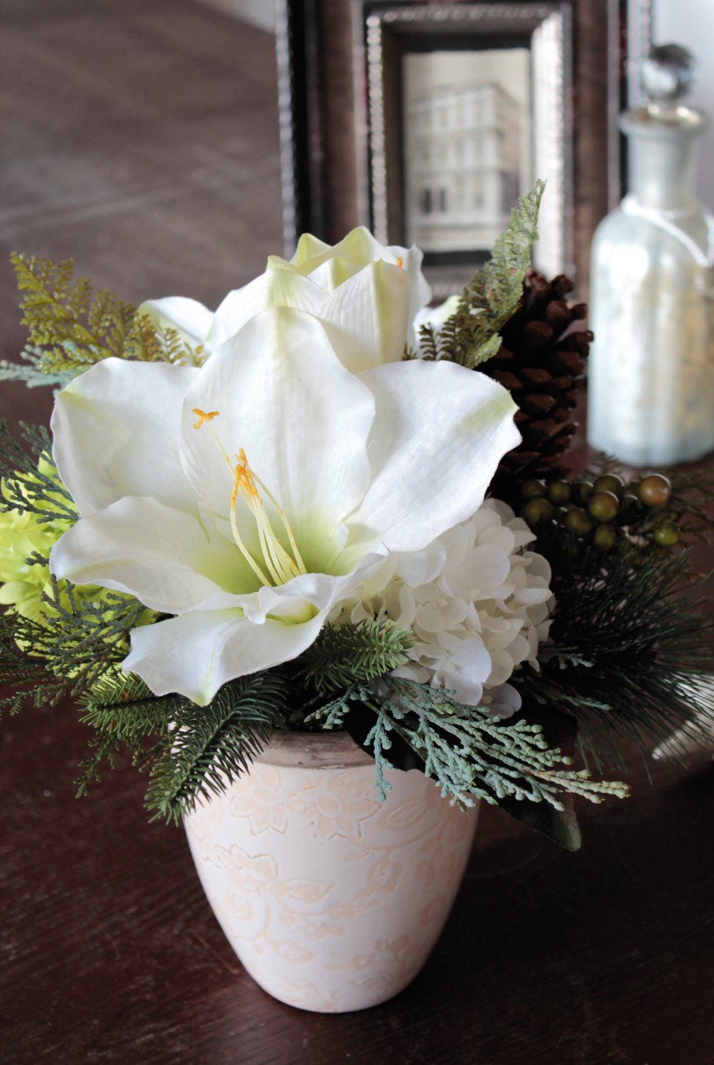 Künstliche Amaryllis-Hortensien-Arrangement im Keramiktopf, 30 cm, creme-weiß