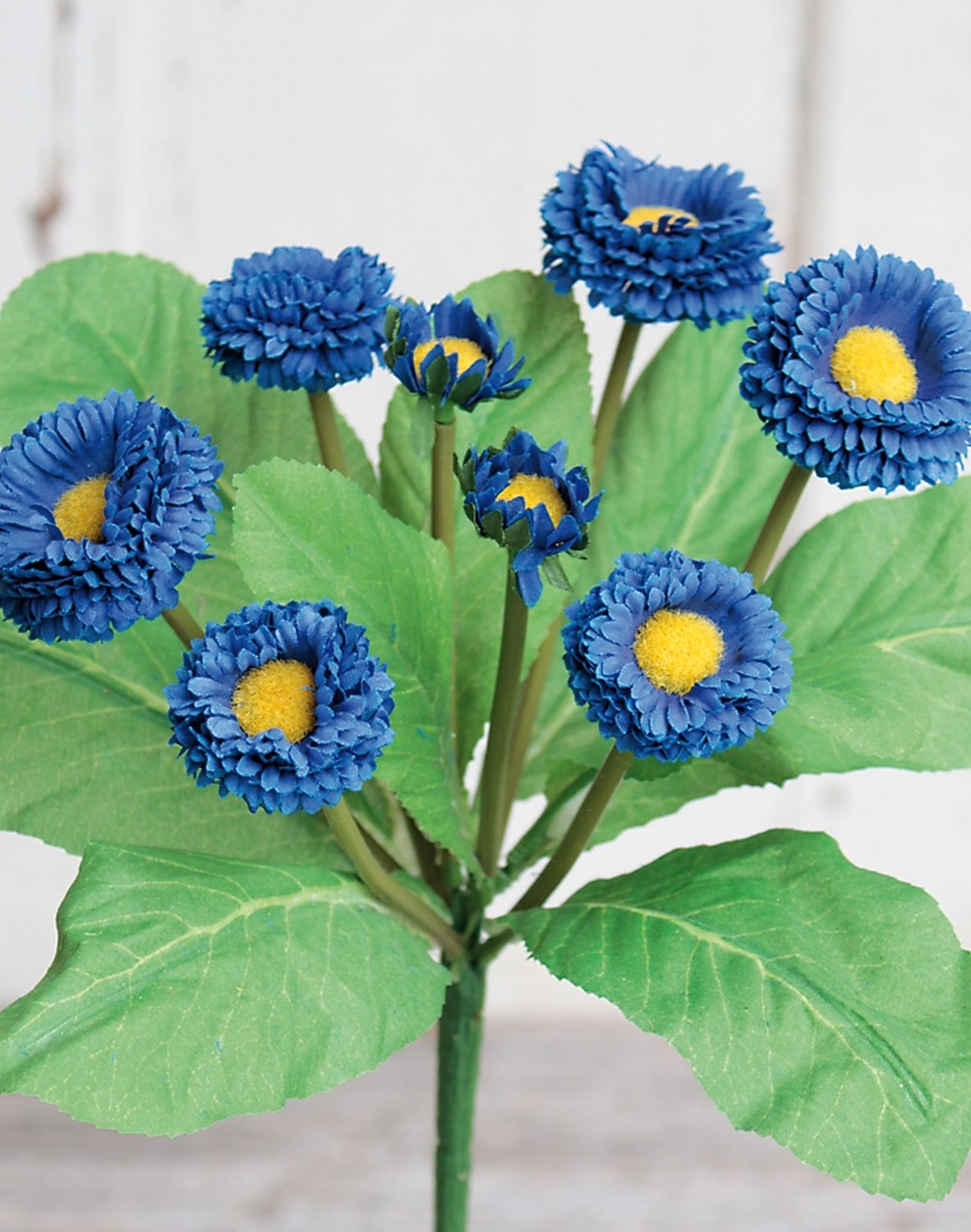 Mazzo di bellis artificiale, 6 fiori, 2 boccioli, 25 cm, blu
