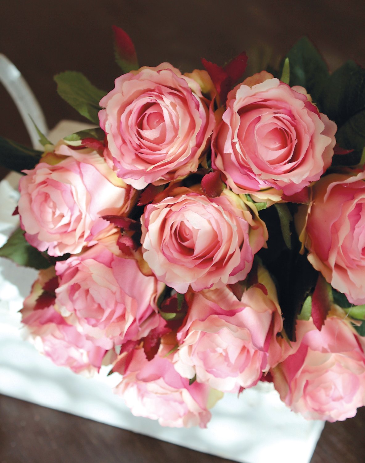 Mazzo di rose artificiali, 9 fiori, 37 cm, rosa-verde
