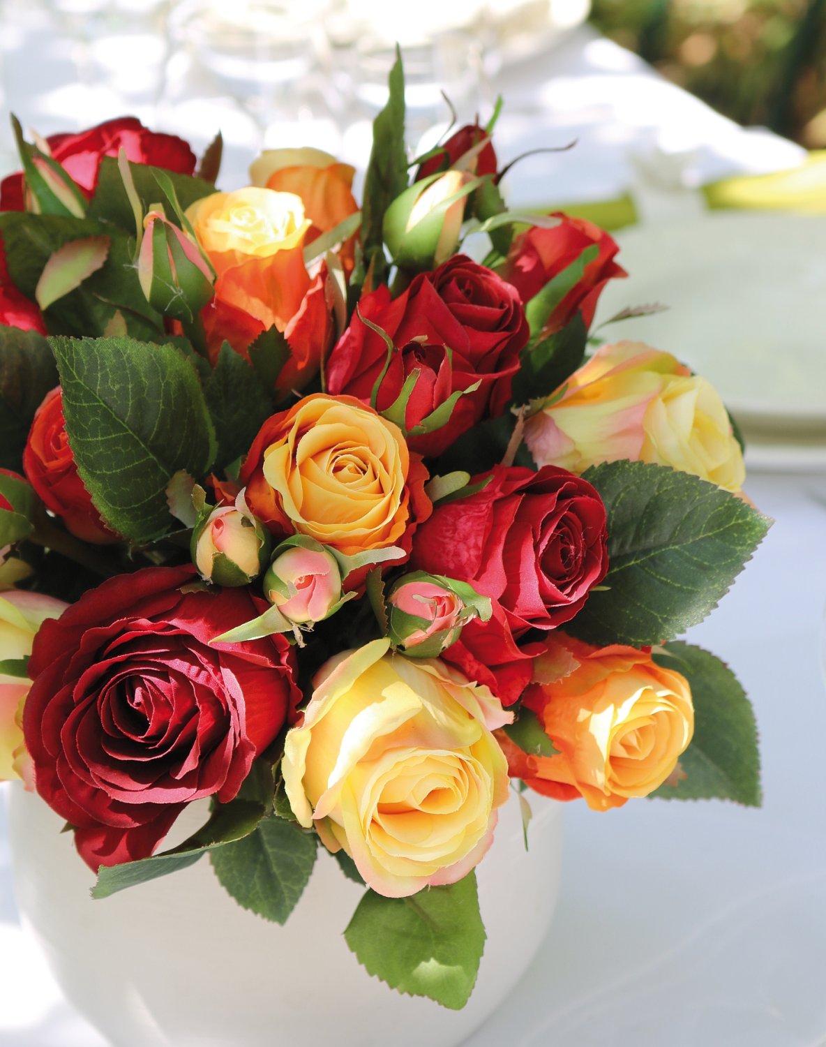 Artificial bouquet of wild roses, 24-flowers, 28 cm, red-yellow