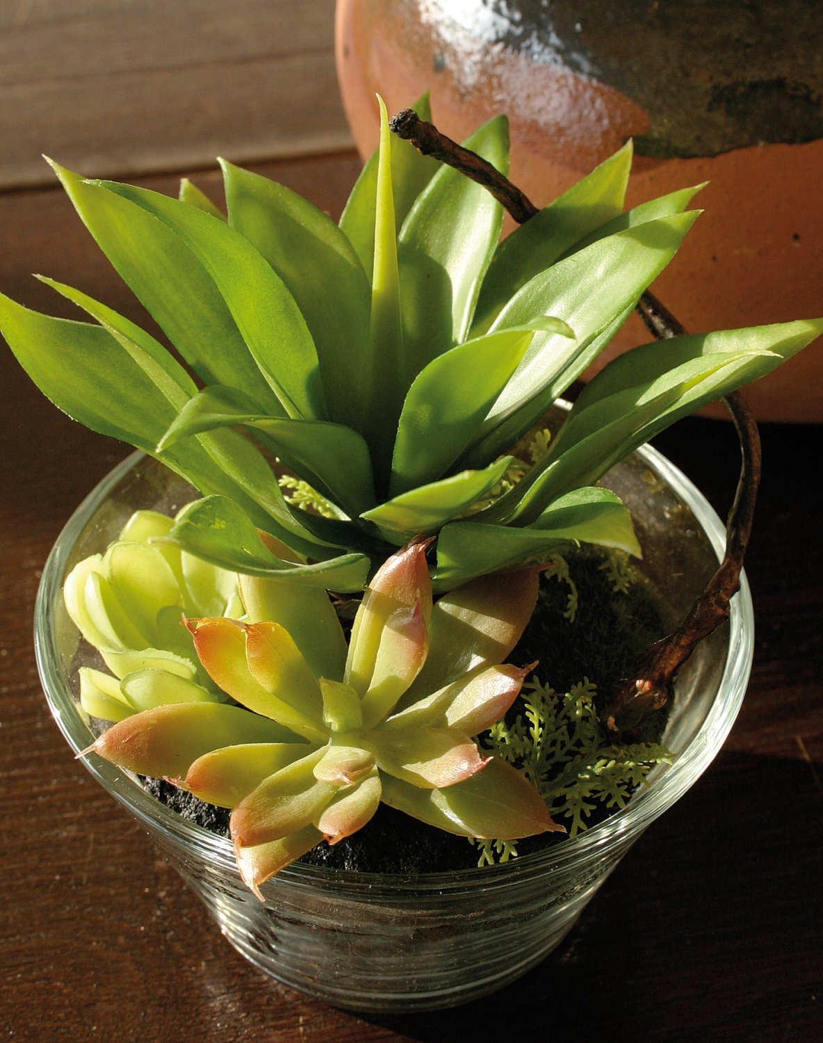 Artificial succulents-mix in glass pot, 13 cm, green