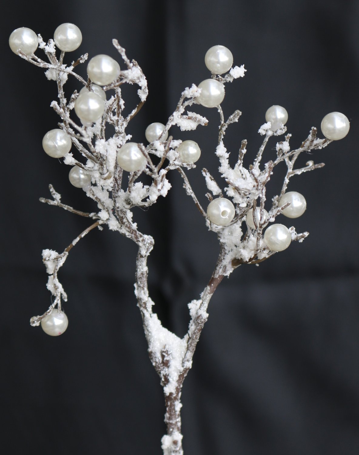 Künstlicher Dekozweig mit Perlen und Schnee, 30 cm, frost-braun