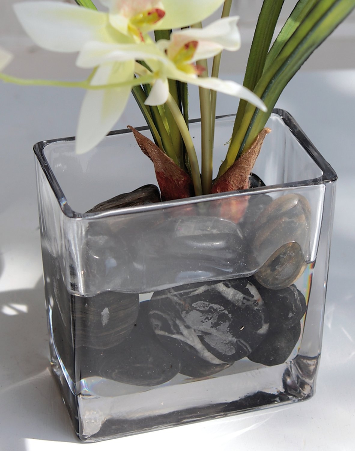 Fake orchid dendrobium in glass pot, 40 cm, real touch soft, white-green