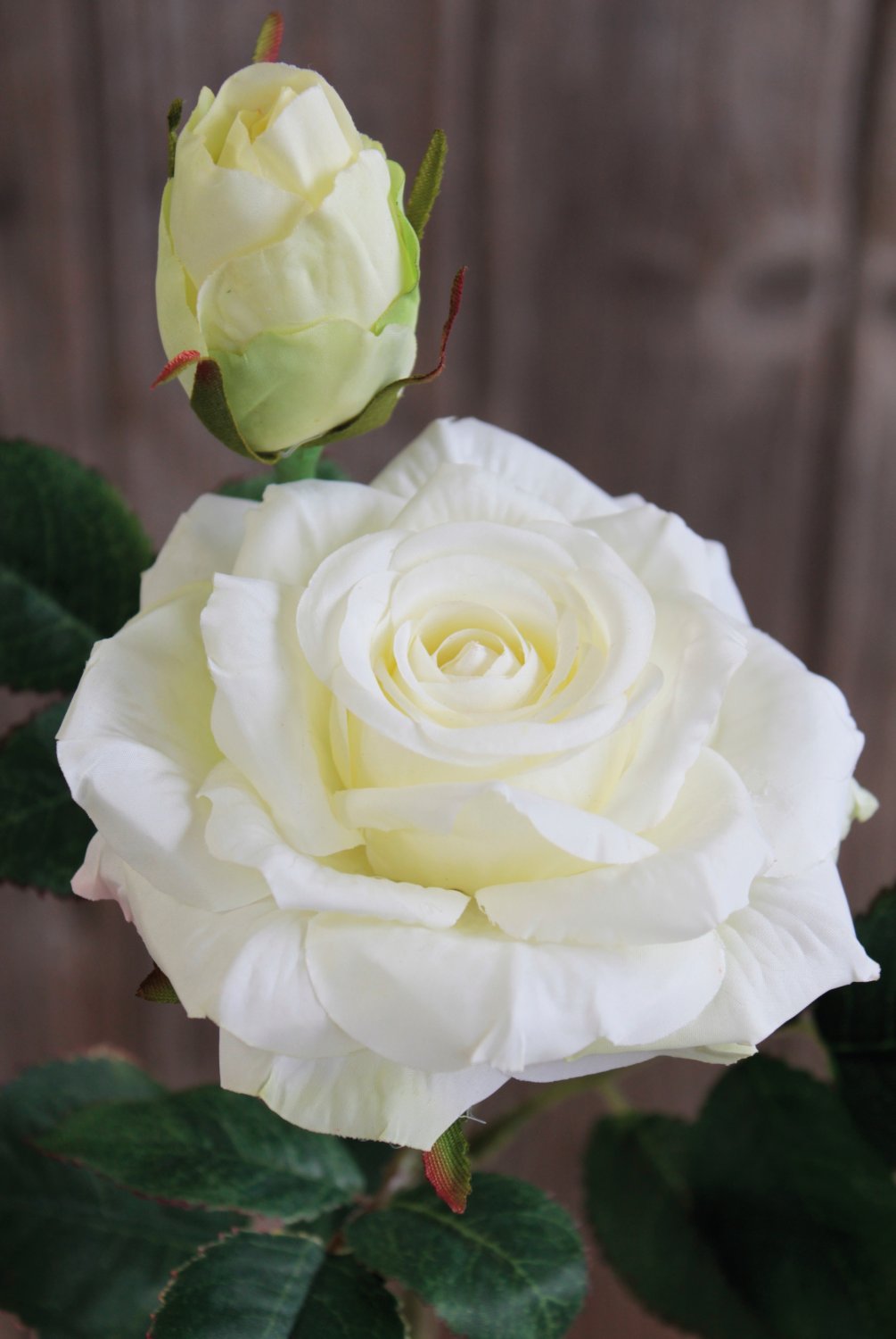 Künstliche Rose, 1 Blüten, 1 Knospen, 37 cm, Real Touch Soft, creme-weiß