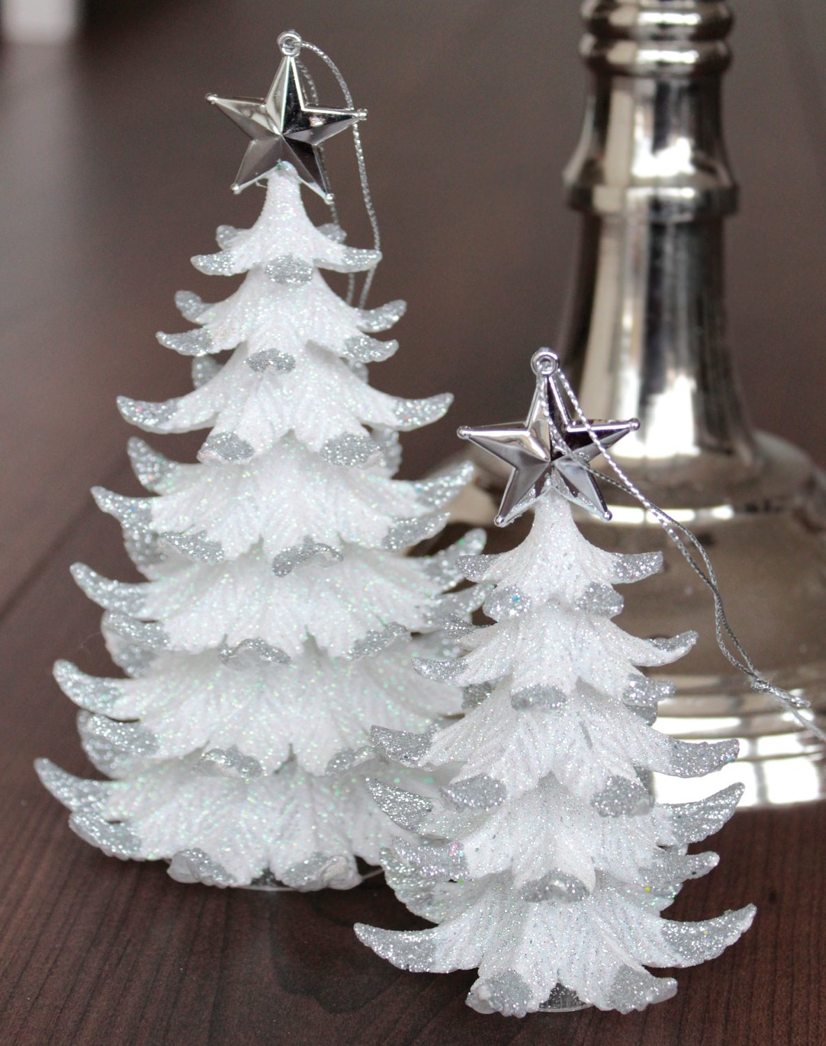 Decoration fir tree, acrylic, 12 cm, white-silver