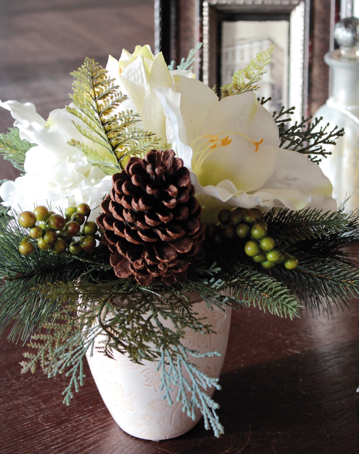 Künstliche Amaryllis-Hortensien-Arrangement im Keramiktopf, 30 cm, creme-weiß