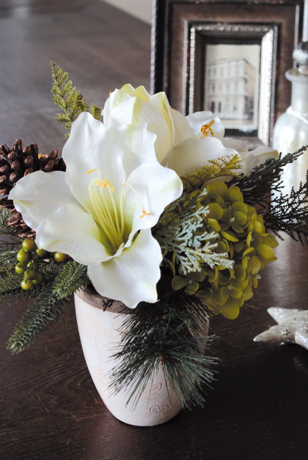 Künstliche Amaryllis-Hortensien-Arrangement im Keramiktopf, 30 cm, creme-weiß