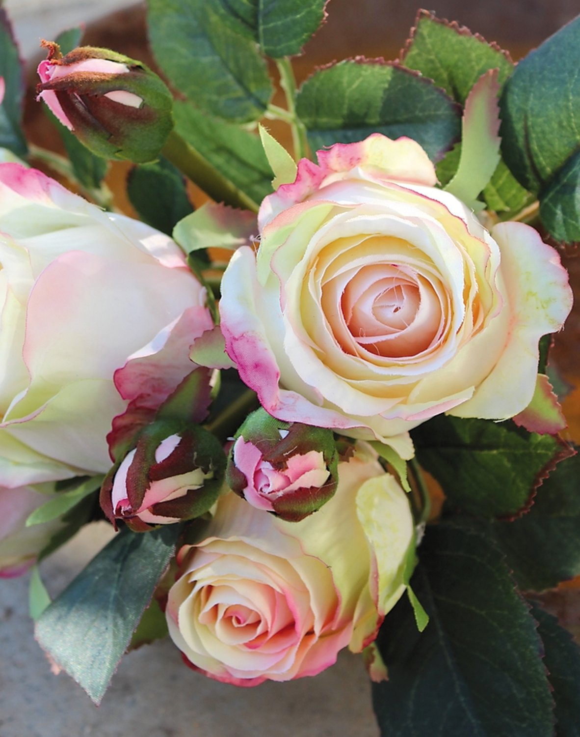 Mazzo di rose artificiali, 7 fiori, 28 cm, crema-albicocca