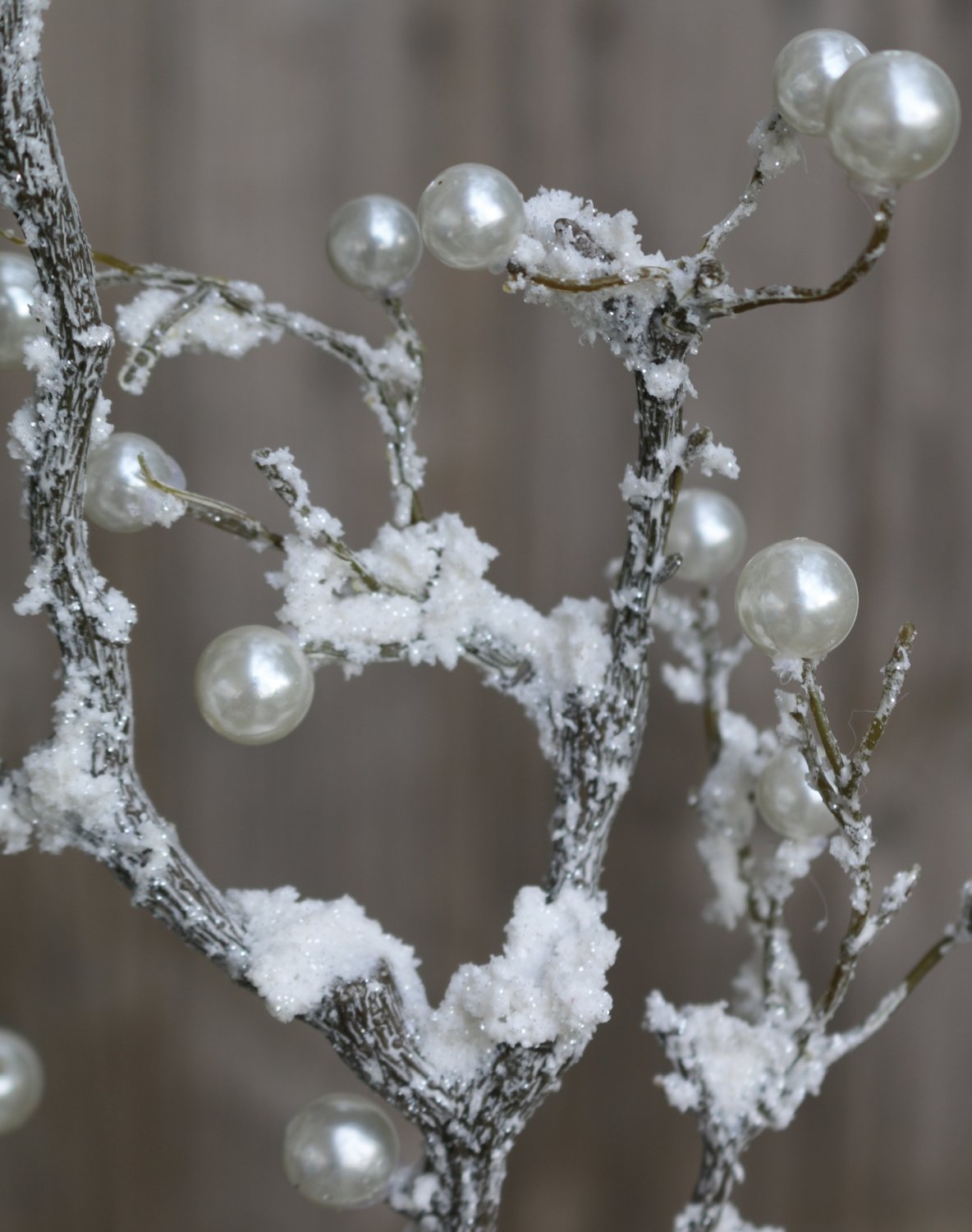 Künstlicher Dekozweig mit Perlen und Schnee, 83 cm, frost-braun