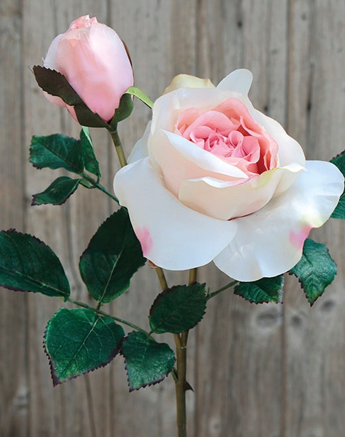 Künstliche Rose, 1 Blüte, 1 Knospe, 48 cm, creme-rosa
