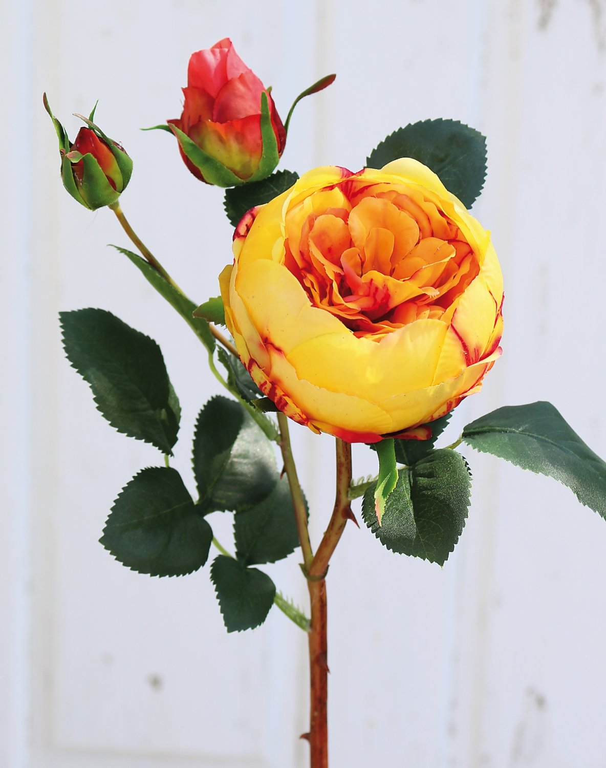 Artificial rose, 1 flower, 2 buds, 60 cm, real touch soft, yellow-orange