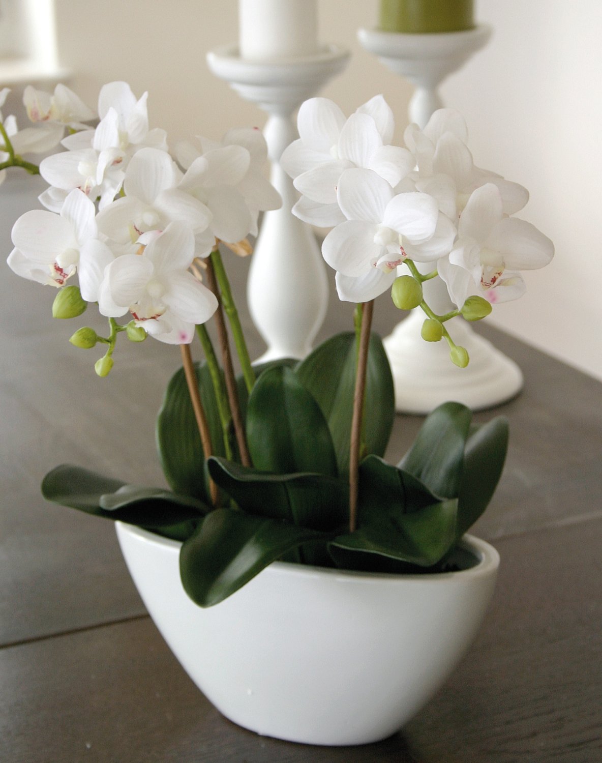 Orchidea Phalaenopsis artificiale, 3 rami, in ciotola, 38 cm, Real Touch, bianco