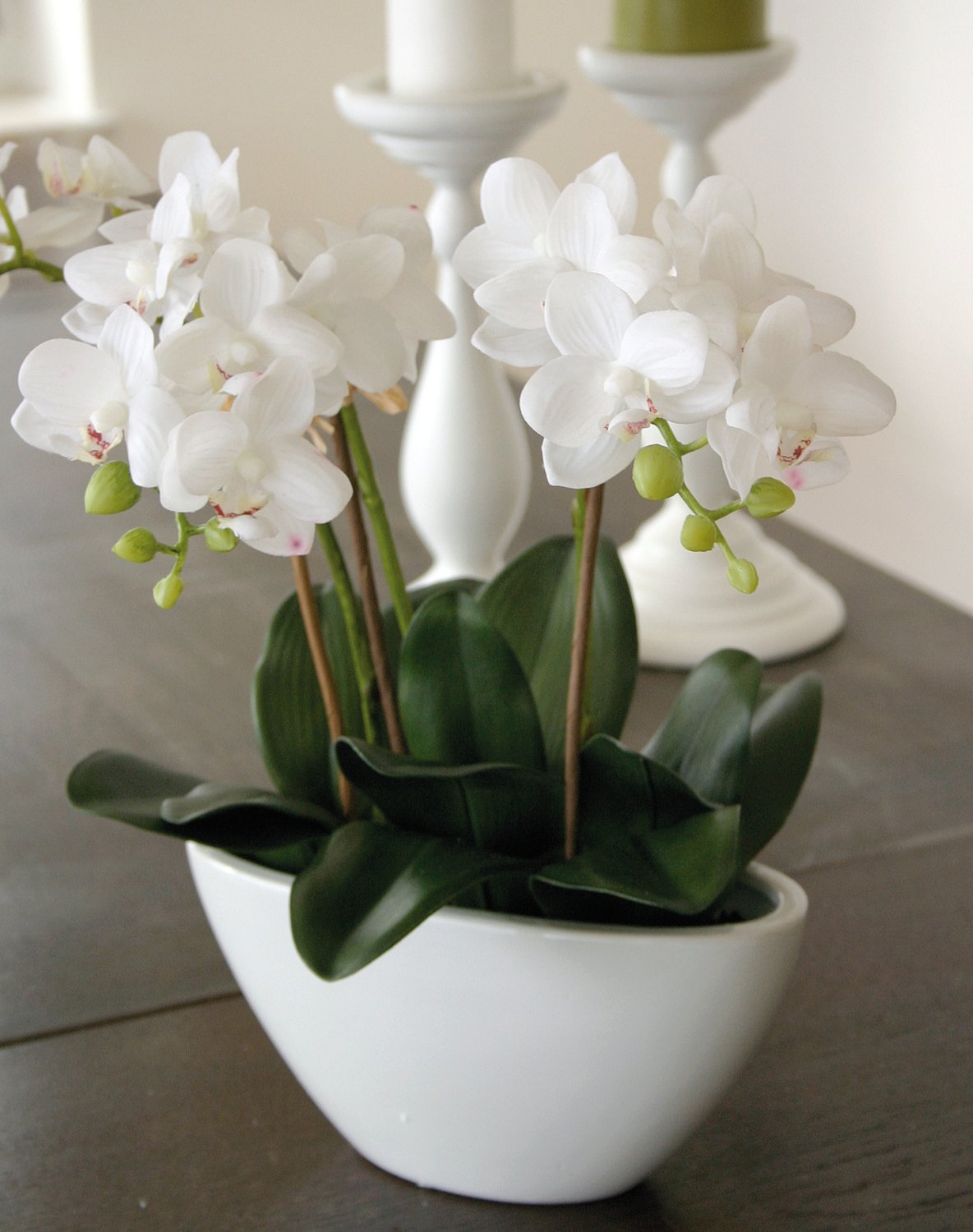 Plastic orchid Phalaenopsis, 3-fold, in bowl, 38 cm, real touch, white