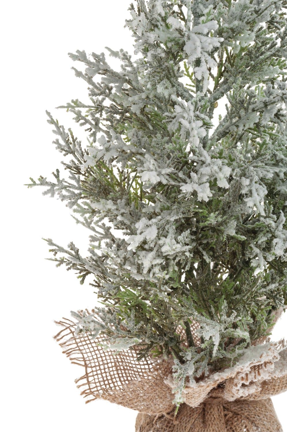 Artificial cedar tree with snow in a jute bag, 70 cm, green-white