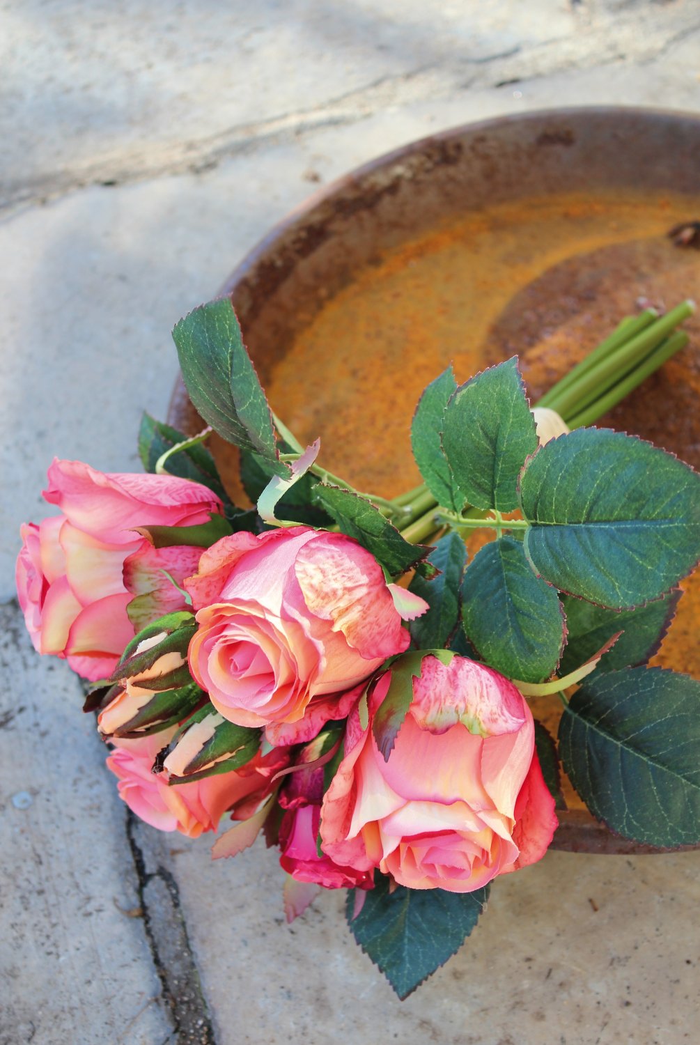 Mazzo di rose artificiali, 7 fiori, 28 cm, albicocca