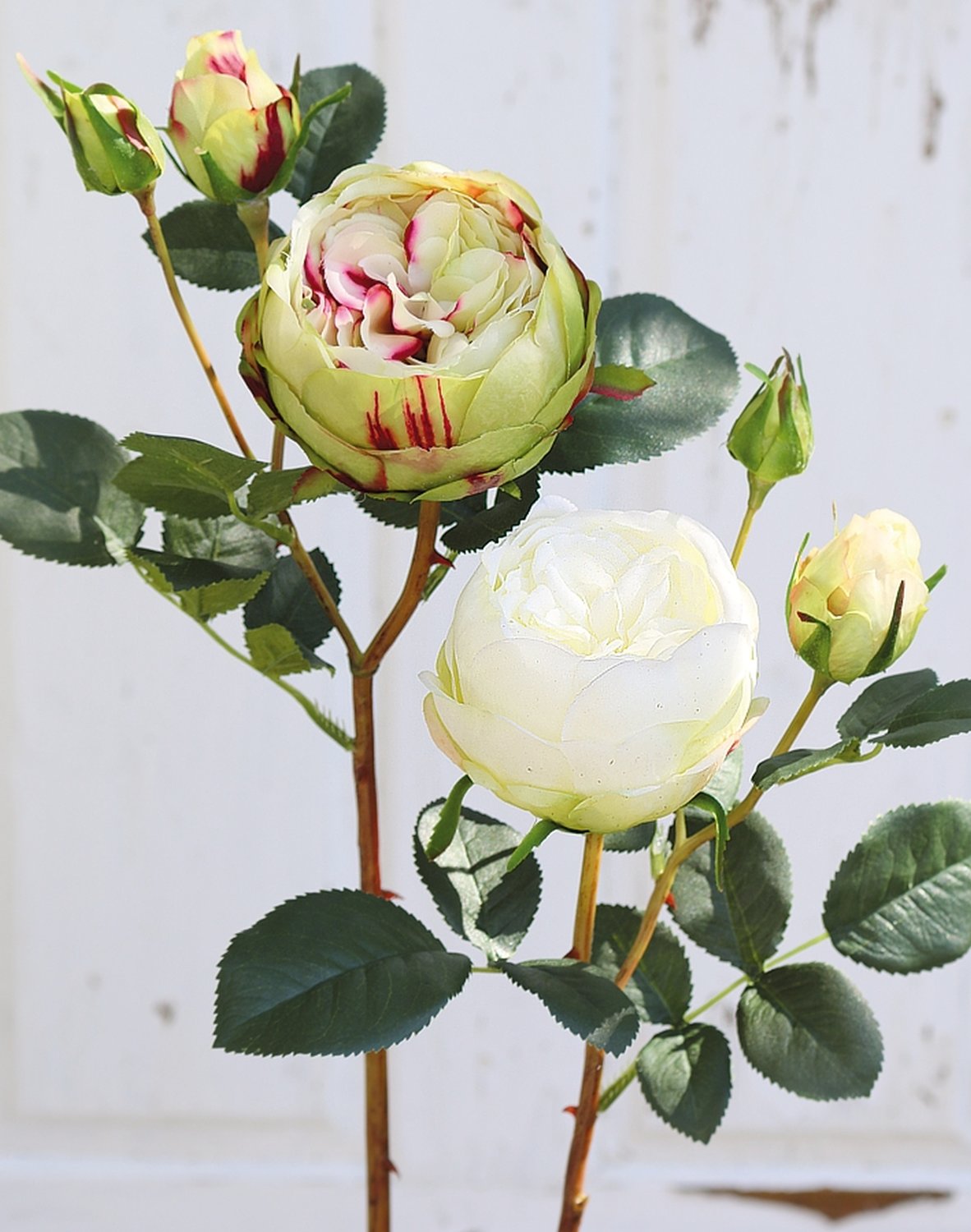 Künstliche Rose, 1 Blüten, 2 Knospen, 60 cm, Real Touch Soft, grün-burgunderrot