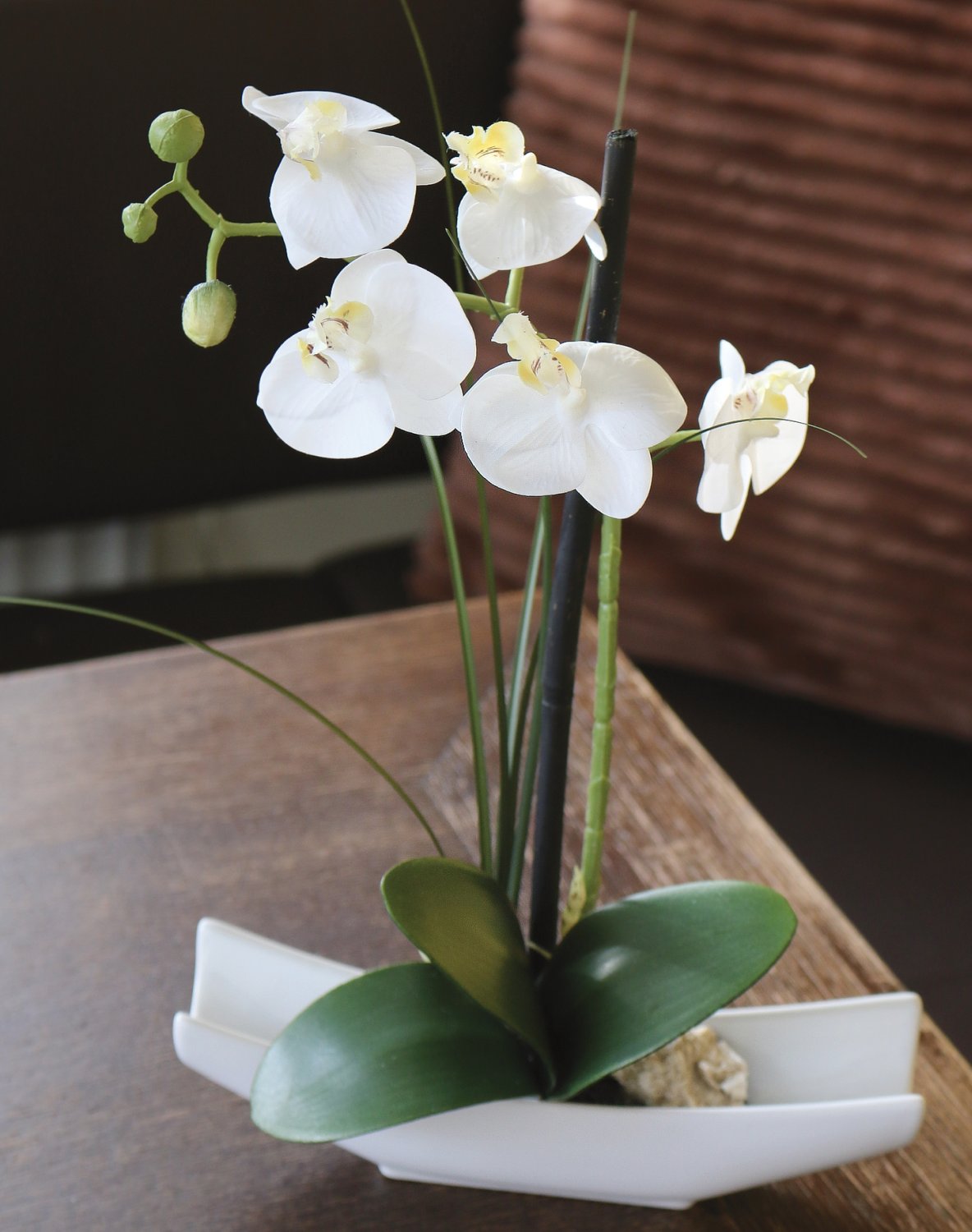 Plastic orchid Phalaenopsis in bowl, 30 cm, real touch soft, beige-white