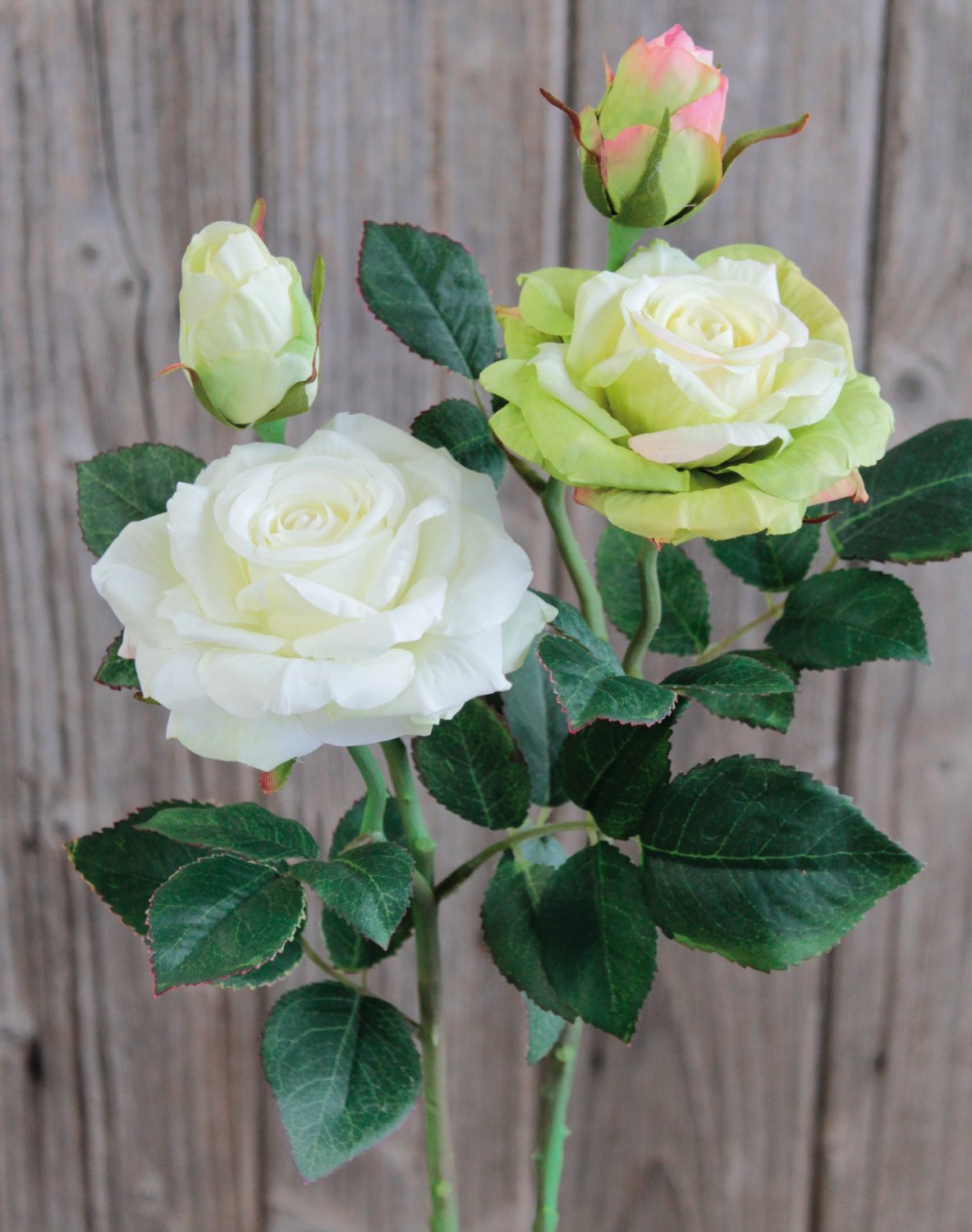 Silk rose, 1 flower, 1 bud, 37 cm, real touch soft, beige-white