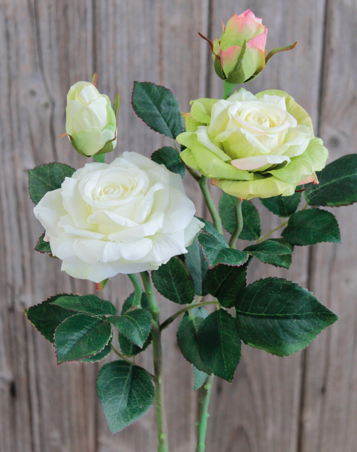 Künstliche Rose, 1 Blüten, 1 Knospen, 37 cm, Real Touch Soft, creme-weiß