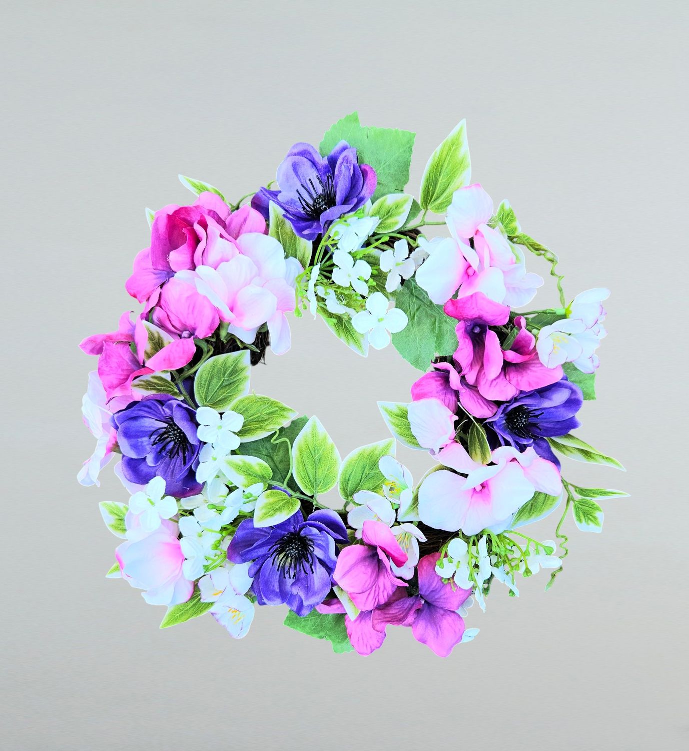 Ghirlanda artificiale primaverile con anemoni, Ø 38 cm, rosa-viola
