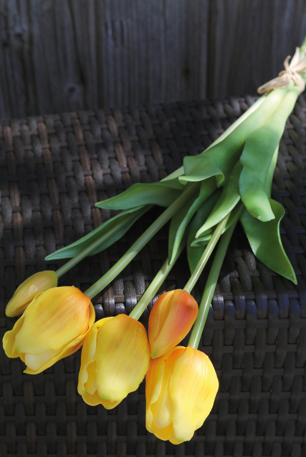 Künstlicher Tulpenbund, französisch, gemischt, 5-fach, 47 cm, Real Touch, gelb-orange