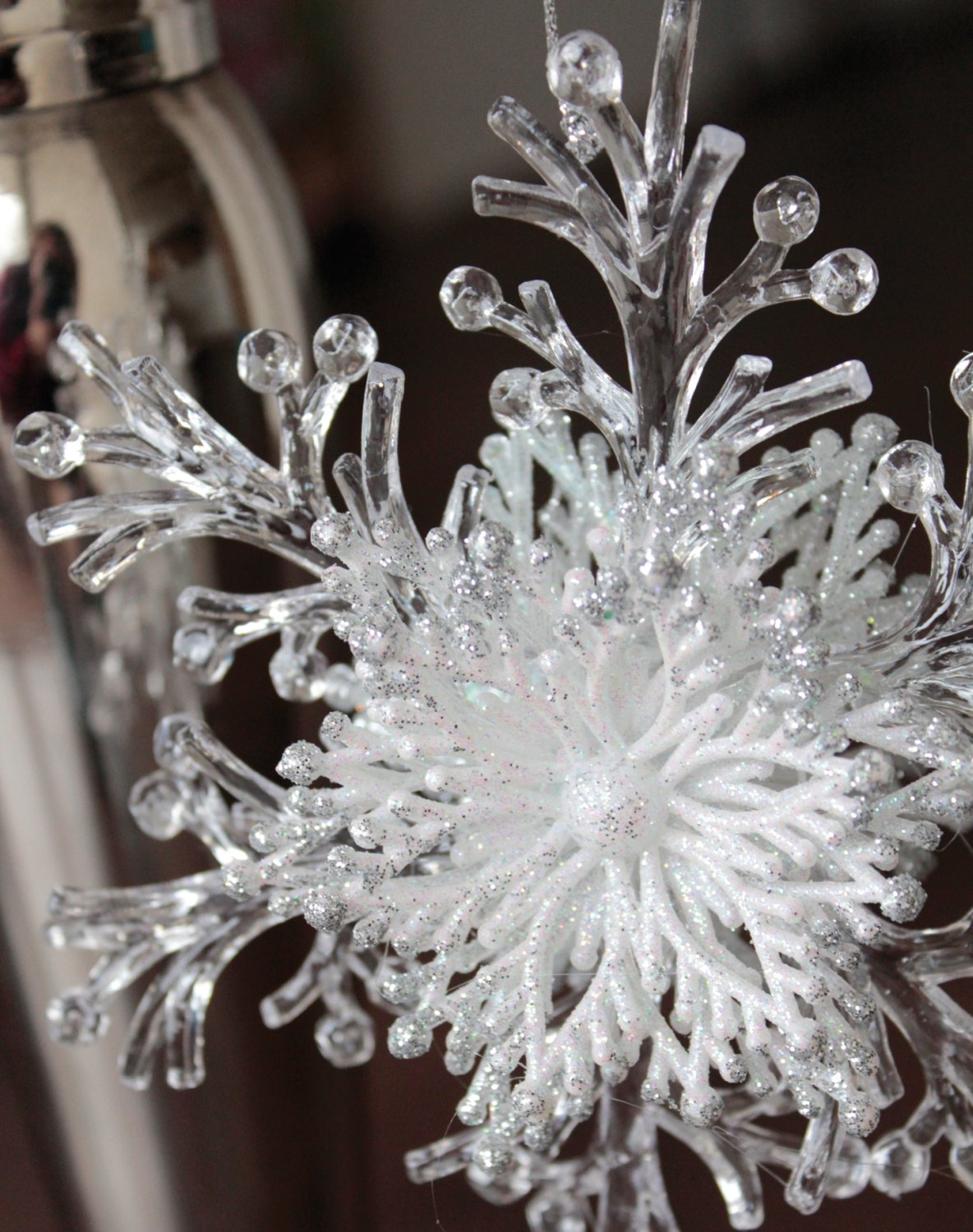Snowflake ornament, acrylic, with glitter, Ø 15 cm, white-silver