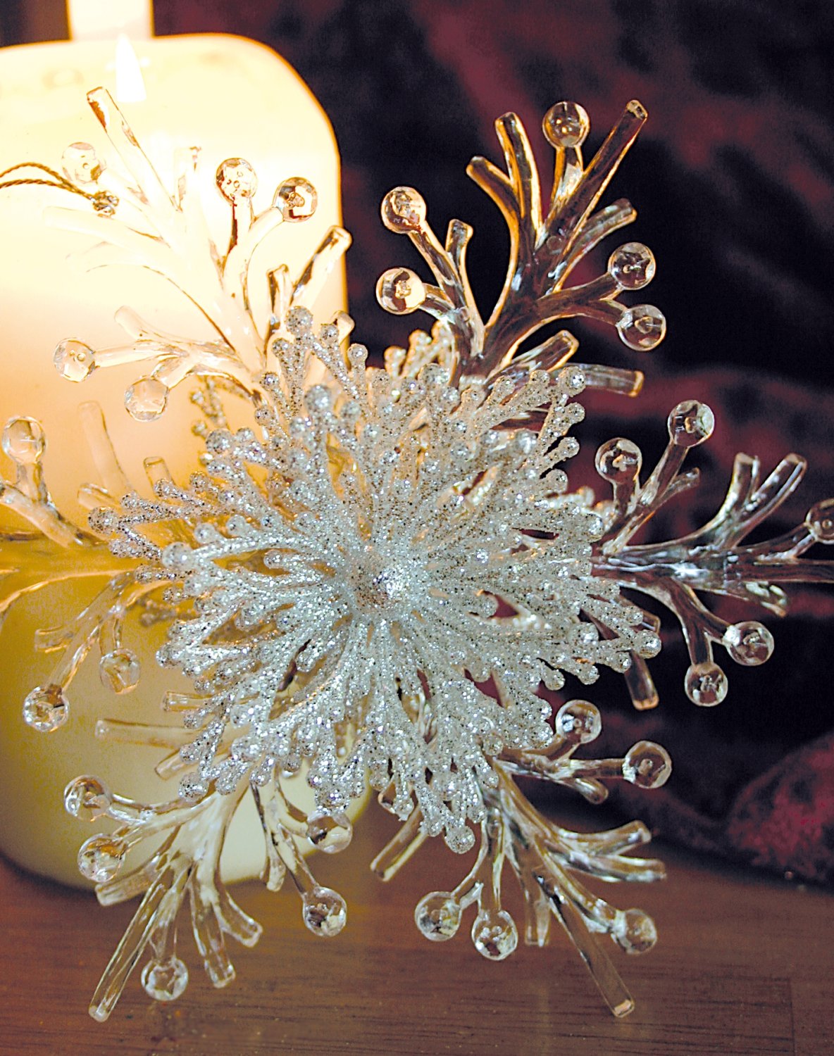 Snowflake ornament, acrylic, with glitter, Ø 15 cm, silver