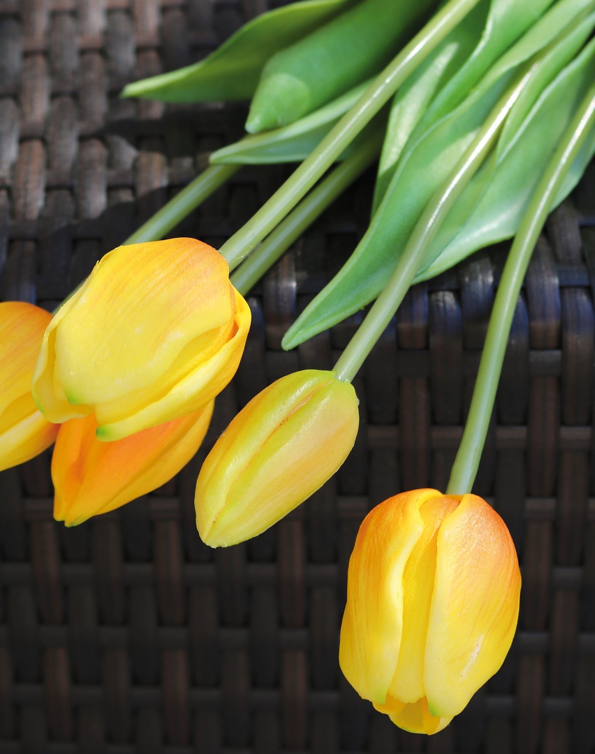 Künstlicher Tulpenbund, französisch, gemischt, 5-fach, 47 cm, Real Touch, gelb-orange