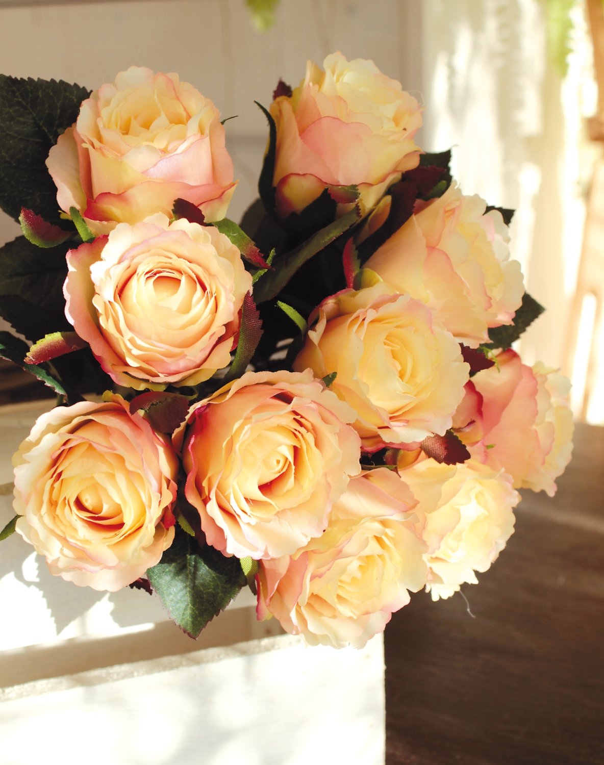 Mazzo di rose artificiali, 9 fiori, 37 cm, albicocca