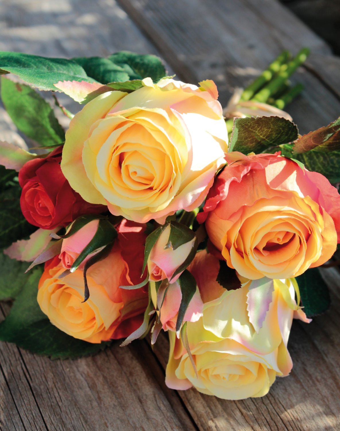 Artificial bunch of roses, 7-flowers, 28 cm, yellow-orange