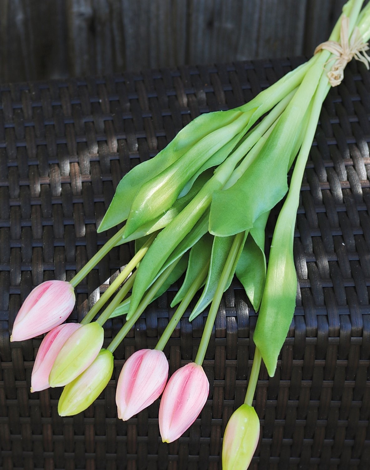 Tulip silk bouquet, 7-fold, 44 cm, real touch, pink-green