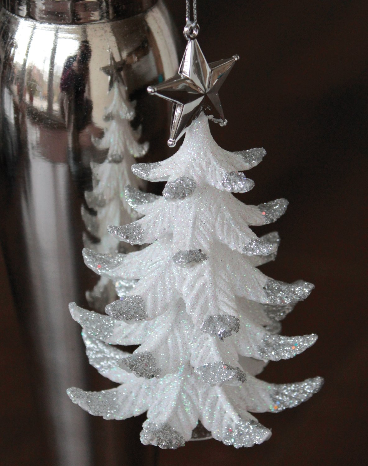 Decoration fir tree, acrylic, 12 cm, white-silver