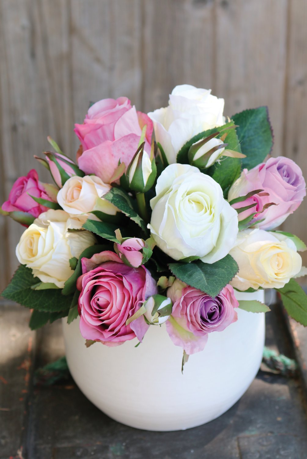 Künstlicher Freiland-Rosenstrauß, 16-fach, 28 cm, creme-rosa