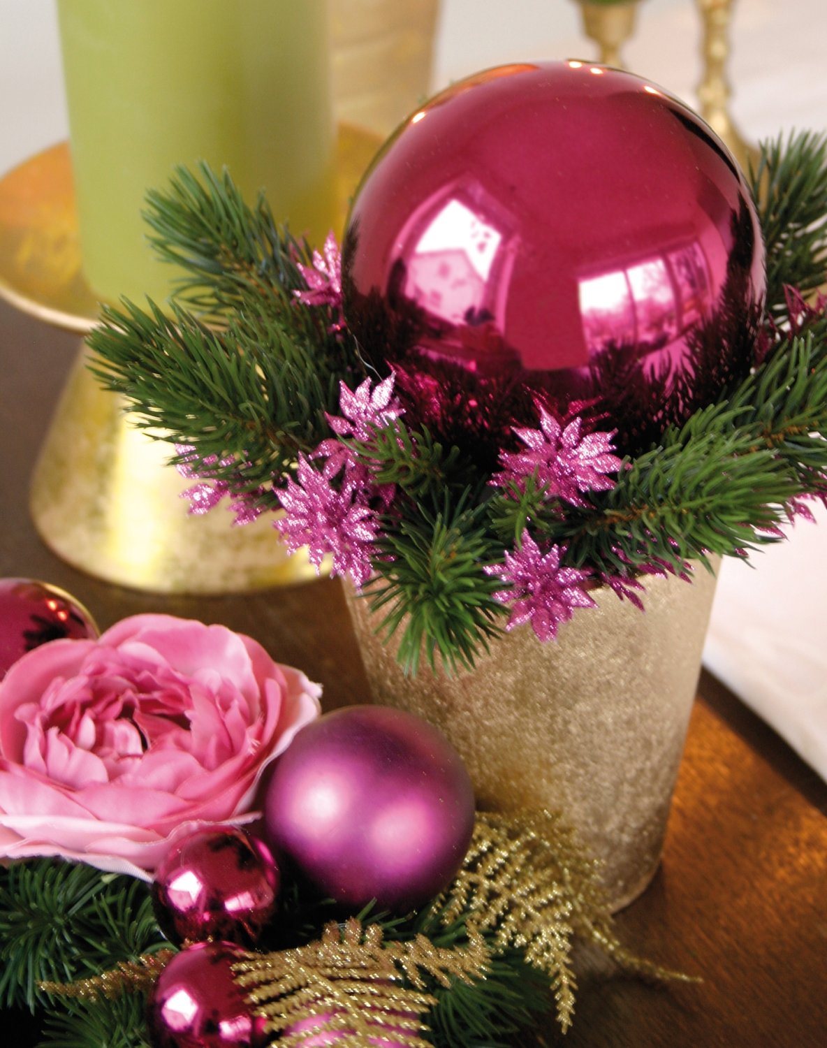 Artificial fir arrangement with ball, potted, 21 cm, trendy purple