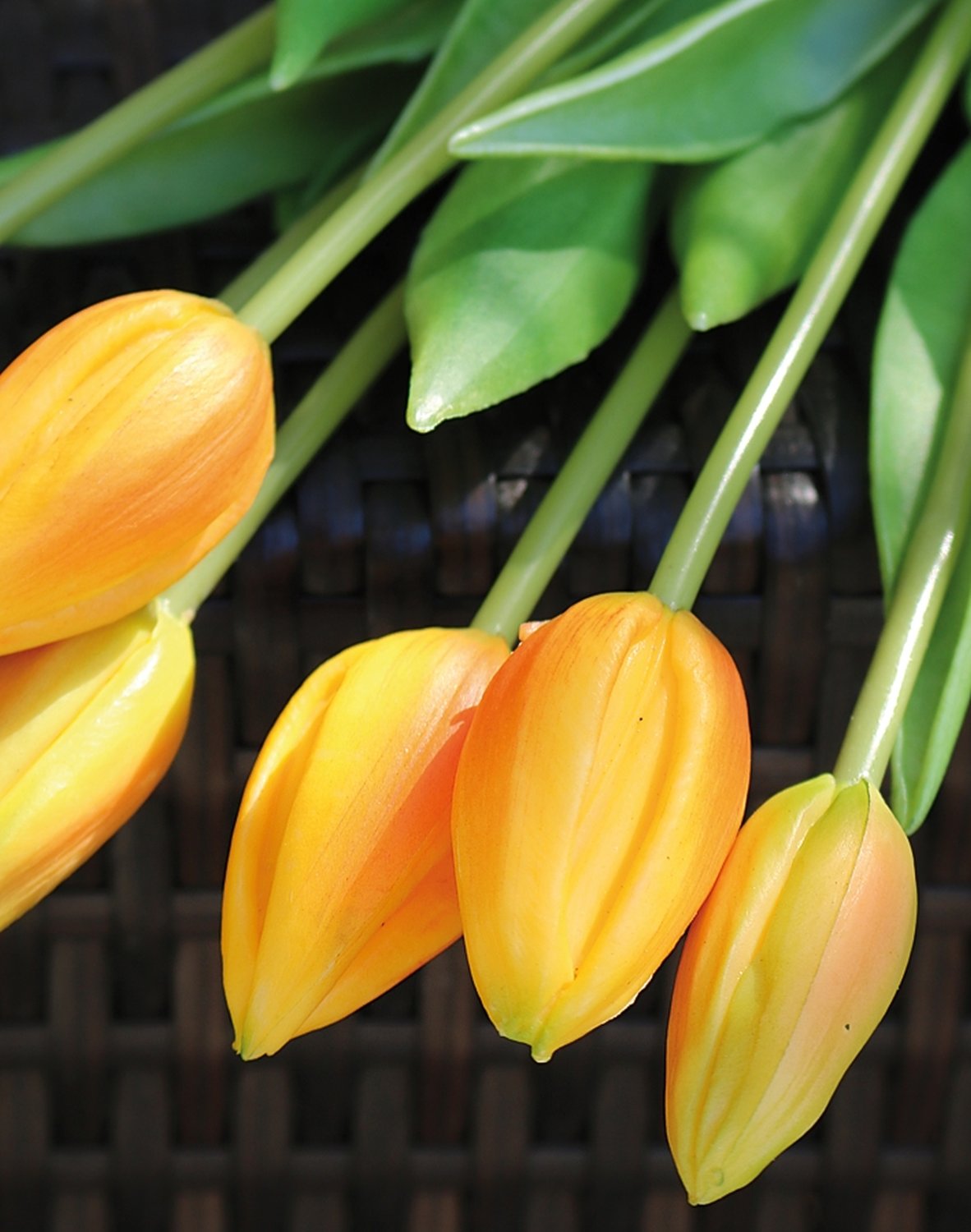 Tulip silk bouquet, 7-fold, 44 cm, real touch, yellow-orange