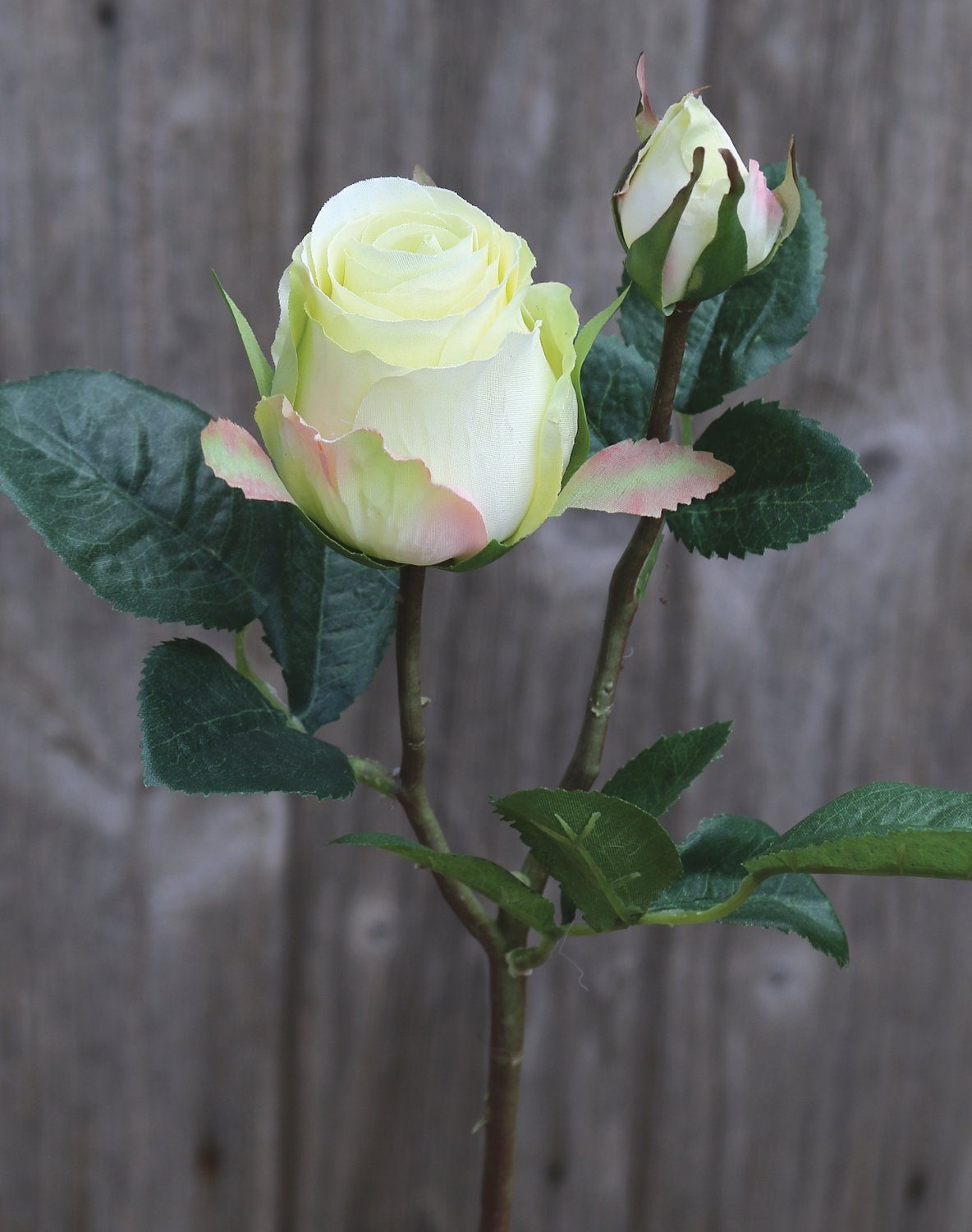 Künstliche Rose, 1 Blüte, 1 Knospe, 45 cm, creme-grün
