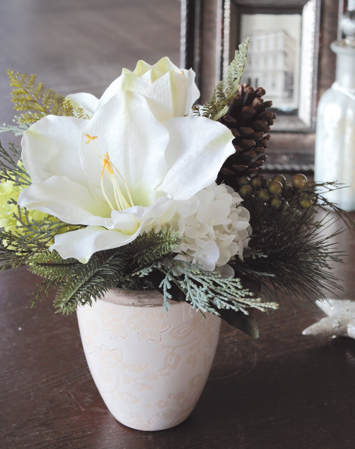 Künstliche Amaryllis-Hortensien-Arrangement im Keramiktopf, 30 cm, creme-weiß