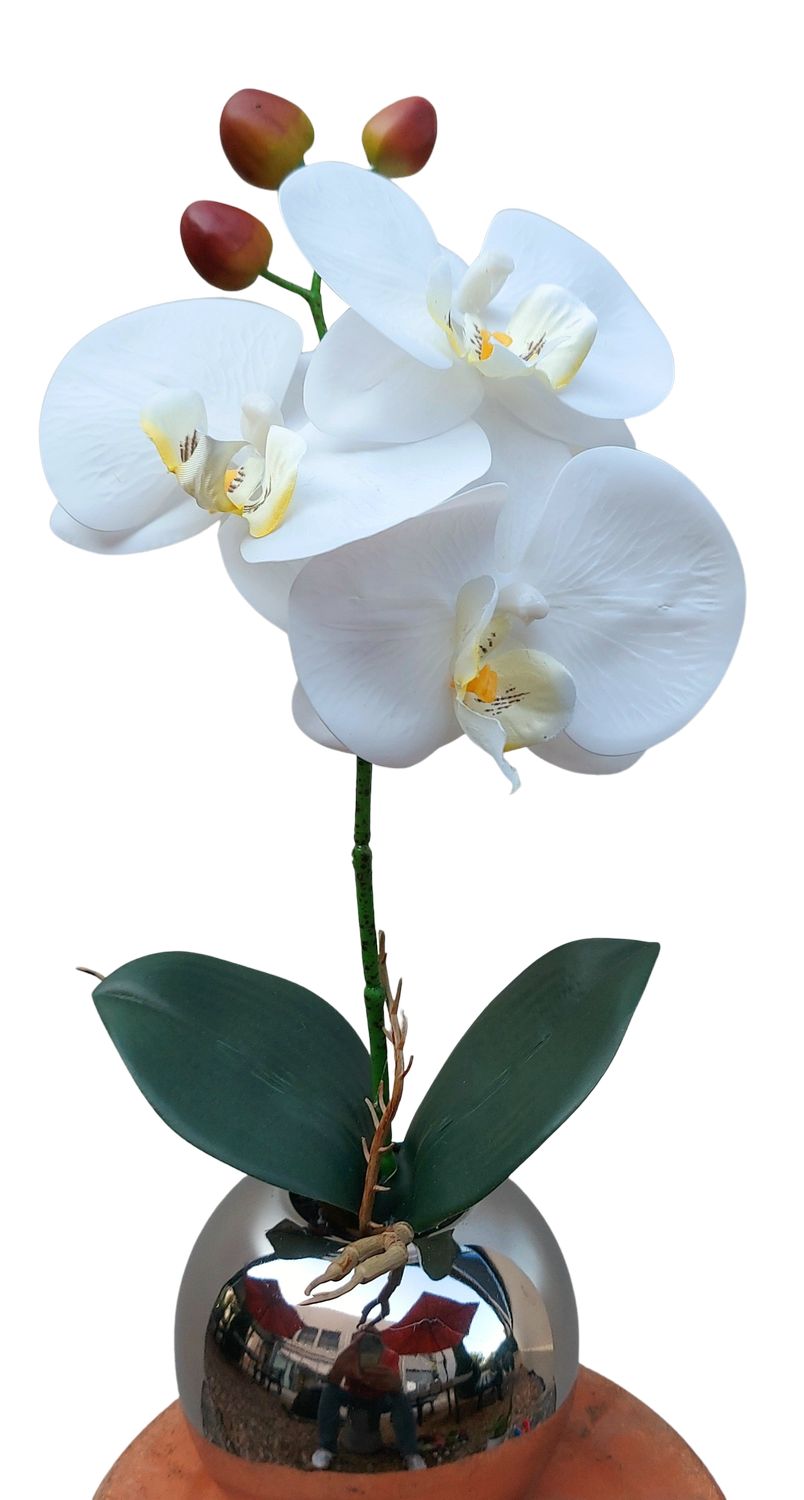 Orchidea artificiale in vaso argentato, 32 cm, tocco reale, bianco crema