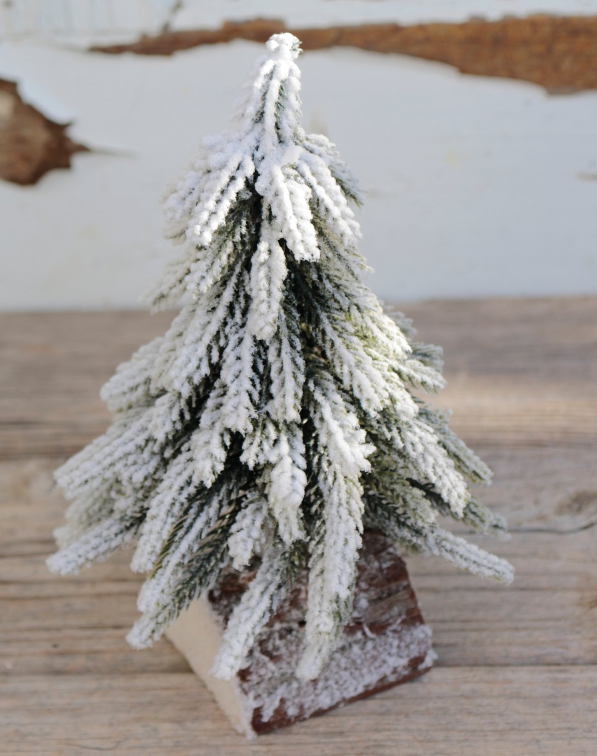 Artificial Christmas tree with snow, wooden stand, 19 cm, green-white