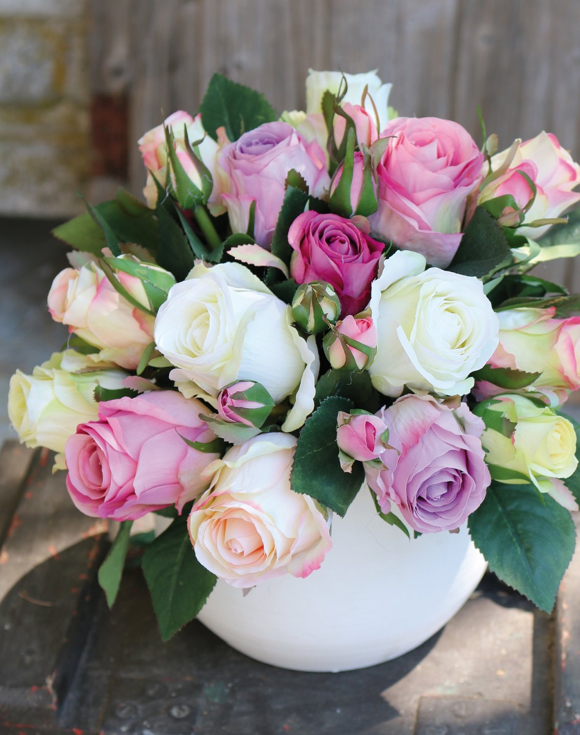 Künstlicher Freiland-Rosenstrauß, 24-fach, 28 cm, creme-rosa Künstlicher Freiland-Rosenstrauß, 24-fach, 28 cm, creme-rosa