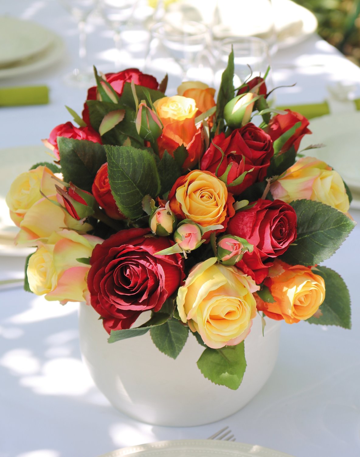 Bouquet di rose artificiali, 24 fiori, 28 cm, rosso-giallo