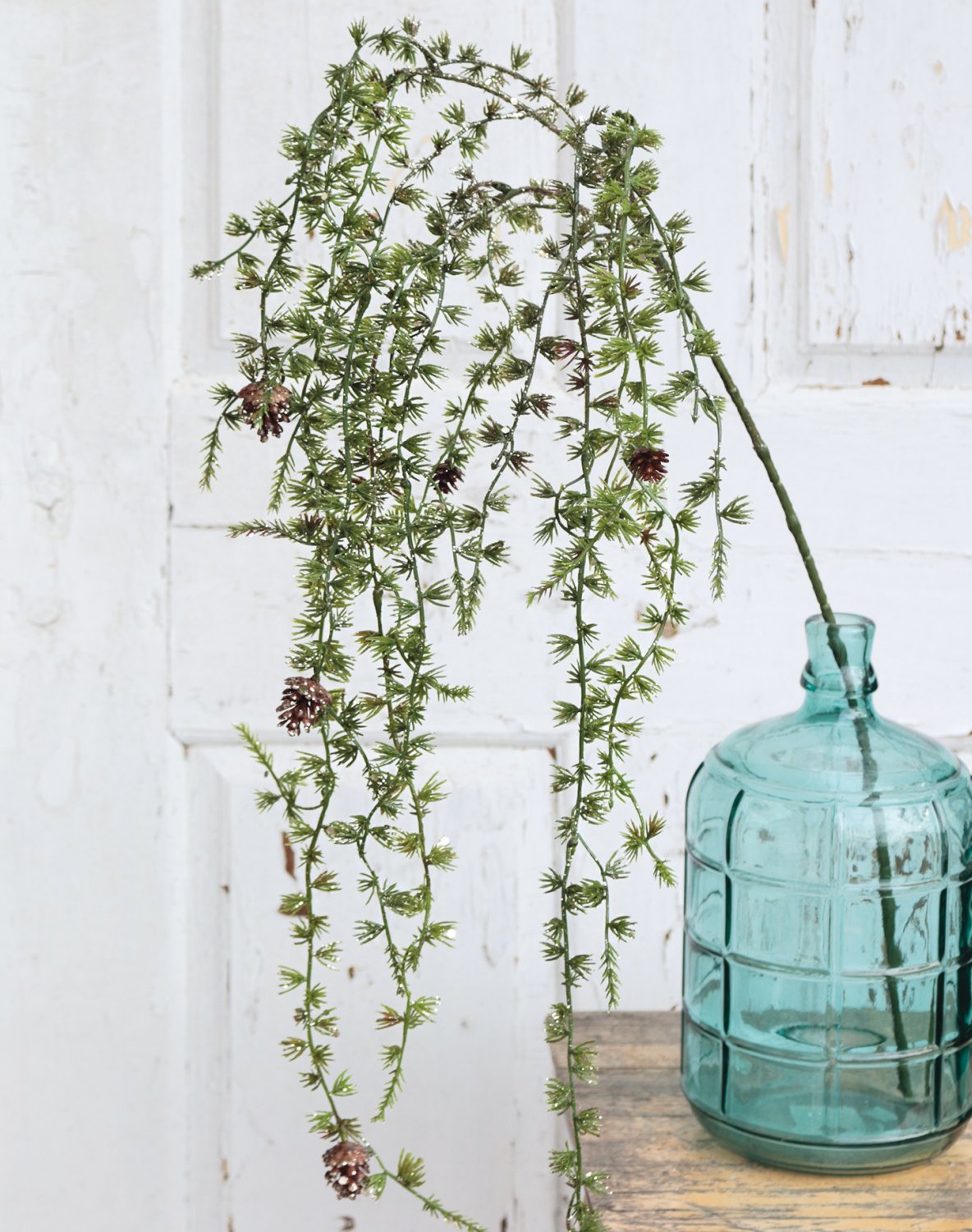 Plastic twig with cones and glitter, 120 cm, frosted green