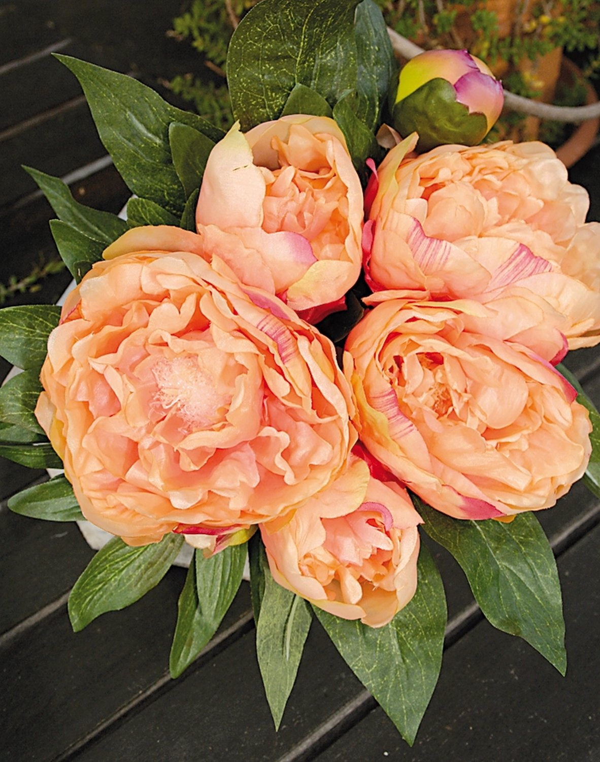 Künstlicher Päonienbund, 5 Blüten, 2 Knospen, 30 cm, orange