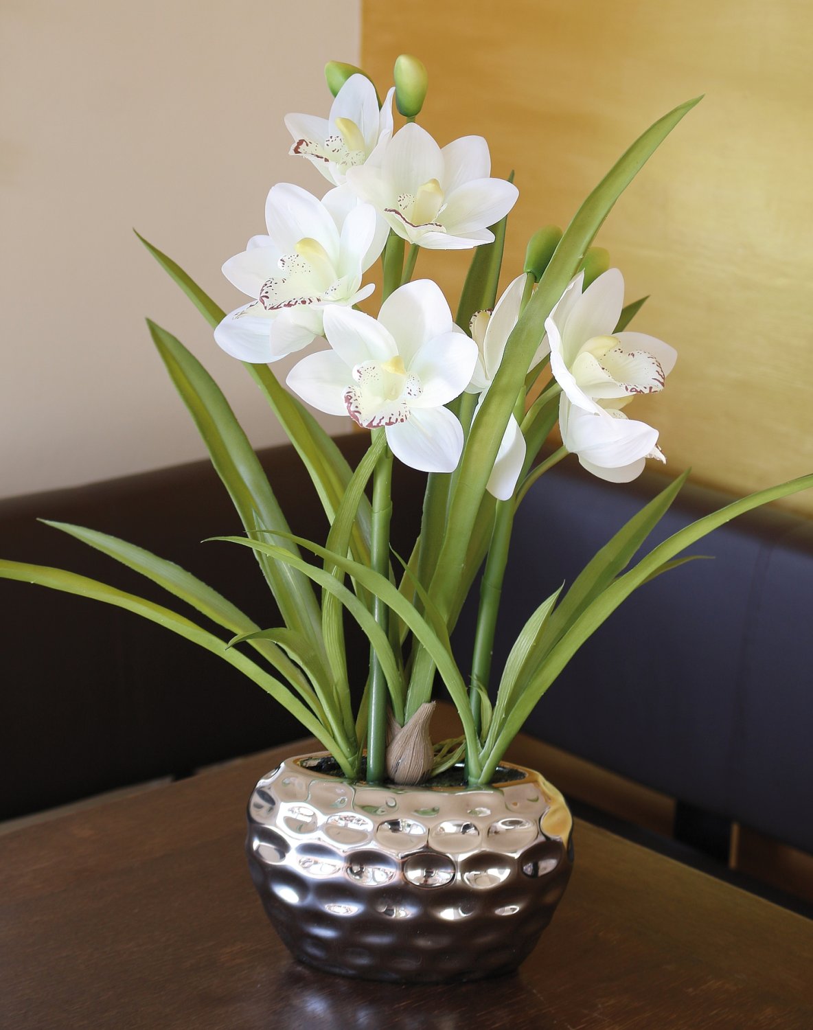 Plastic orchid cymbidium, potted, 55 cm, real touch soft, beige-white