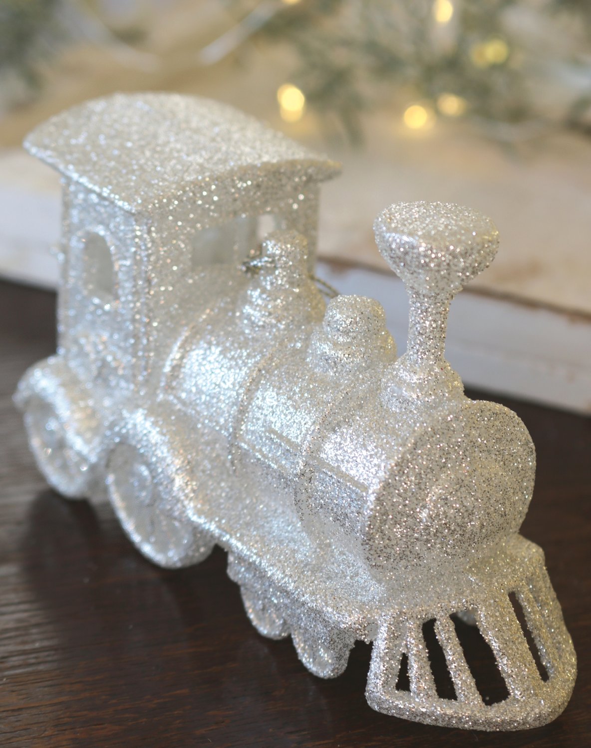 Decoration locomotive, acrylic, with glitter, 12 x 7 cm, white-silver