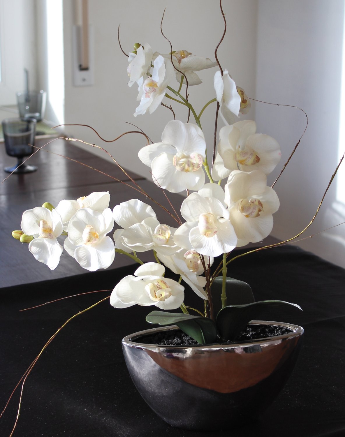 Fake orchid plant Phalaenopsis, 2-fold, in ceramic pot, 54 cm, real touch, beige-white